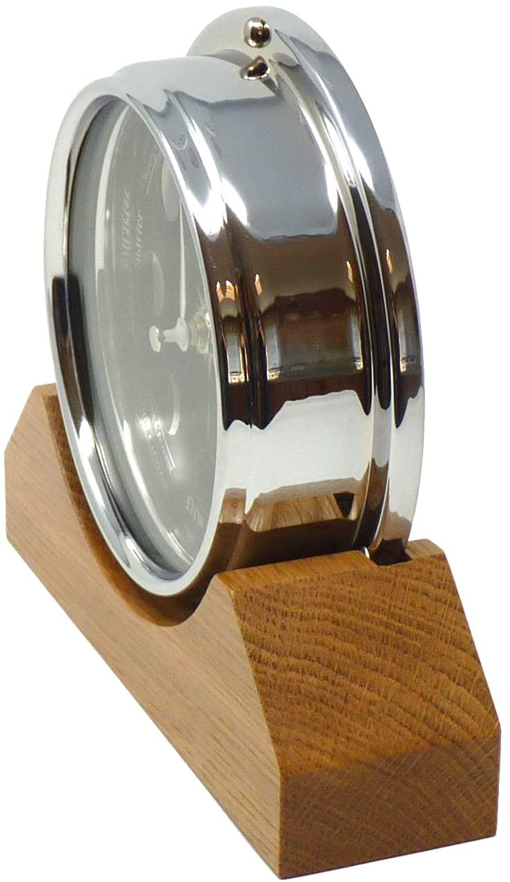 Tabic Prestige Chrome Moon Phase Clock on a Solid English Oak Mantel/Display Mount - Image 3