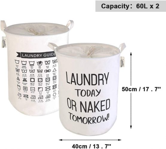 LessMo 2PCS 19.7" Drawstring Laundry Basket Storage Sorter, Collapsible Pop-Up Laundry Hampers, Waterproof Round Cotton Linen (White, Thickened 19.7"/Large) - Image 3