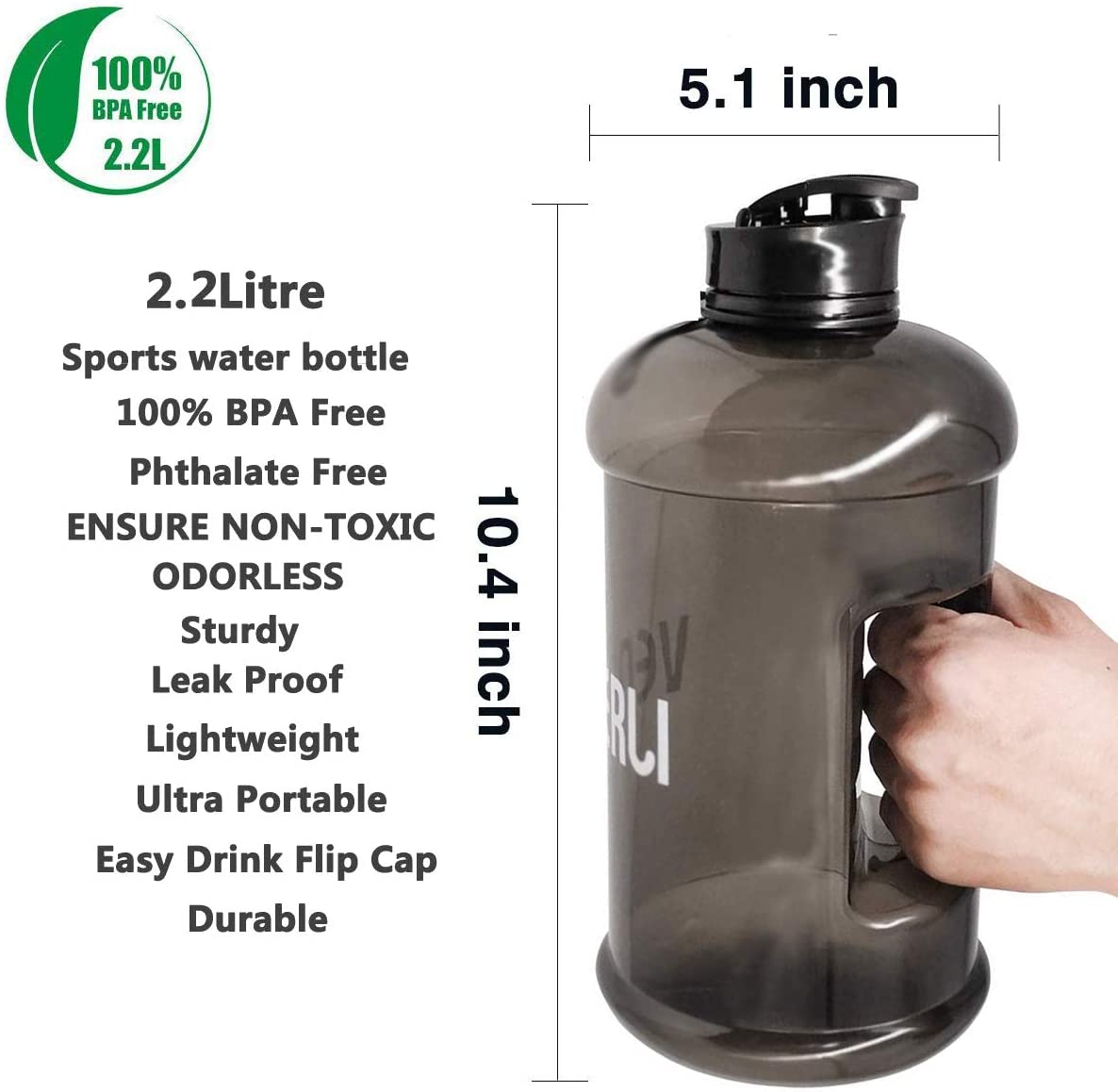 VENNERLI Half Gallon Water Bottle 100% Leak proof BPA Free 2.2L Reusable Durable big Water Gym Jug with Handle Flip Cap for Camping Sports Workouts Hiking Outdoors 2.2Litre (Black) - Image 2