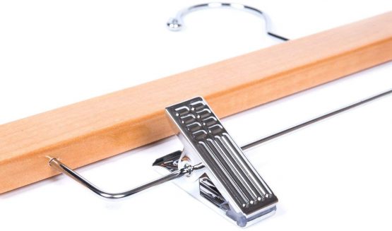 Amber Home 35.5cm Natural Wooden Pants Hangers 10pcs, Smooth Wood Skirt Hanger Organizer with 2 Adjustable Anti-Slip Clips, Space Saving Solid Clothes Hangers Rack for Bottoms Jeans Slacks Trousers - Image 4