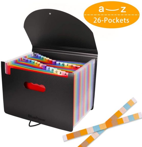 26 Pockets Expanding File Folder Organisers A4 Size, Plastic Filing Box Document Organiser, Expandable Filing Folders/Accordion Desk Files Expander, Portable Bills Storage Box with 3 A-Z Alphabet Tabs