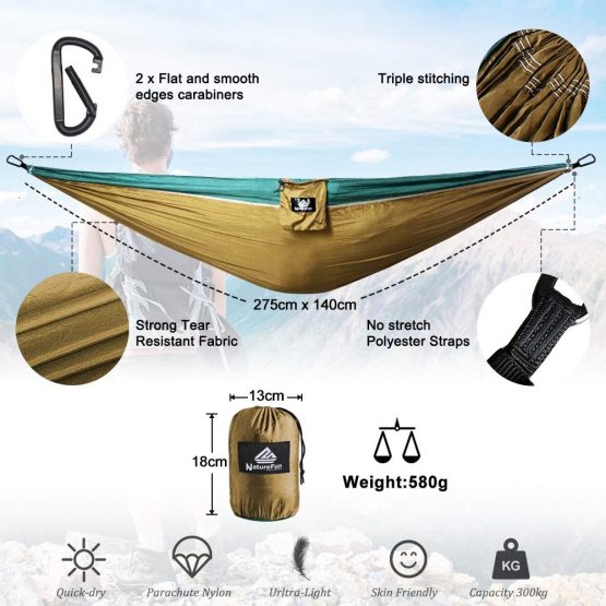 NATUREFUN Ultra-Light Travel Camping Hammock | 300kg Load Capacity,(275 x 140 cm) Breathable,Quick-drying Parachute Nylon | 2 x Premium Carabiners,2 x Nylon Slings Included | Outdoor Indoor Garden - Image 3