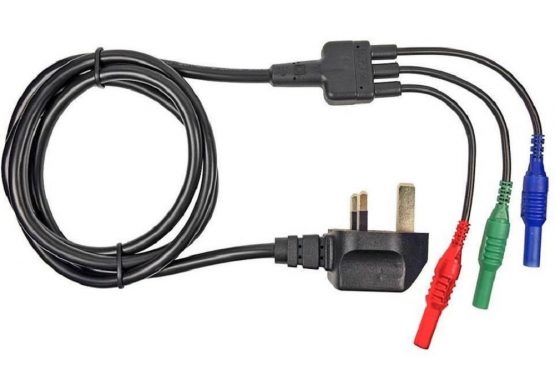 MAINS TEST LEAD CORD - FLUKE 165X MULTIFUNCTION TESTER - (1651 1651B 1652 1652B 1652C 1653 1653B 1654B) - 13A PLUG TO RED, BLUE & GREEN 4mm PLUGS | MEGGER MFT1710, MFT1720, MFT1730 & MFT1735