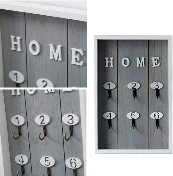 LIOOBO Wall Mounted Key Holder Wood Decorative Home Sign Key Hooks for Living Area Kitchen Keyring Rack Home Holder (Grey) - Image 2