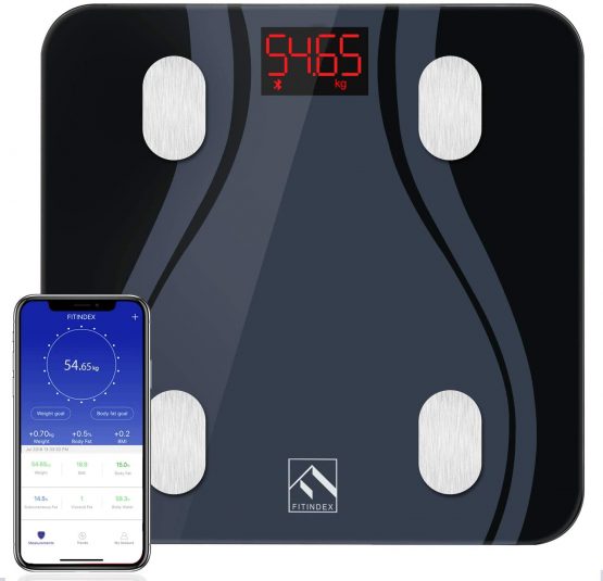 Smart Body Fat Scales, High Precision Bluetooth Scale with Smartphone App, Digital Weight Scales Bathroom Body Fat Weighing FITINDEX Body Composition Monitors for BMI Muscle, 180kg/28st/396lb, Black