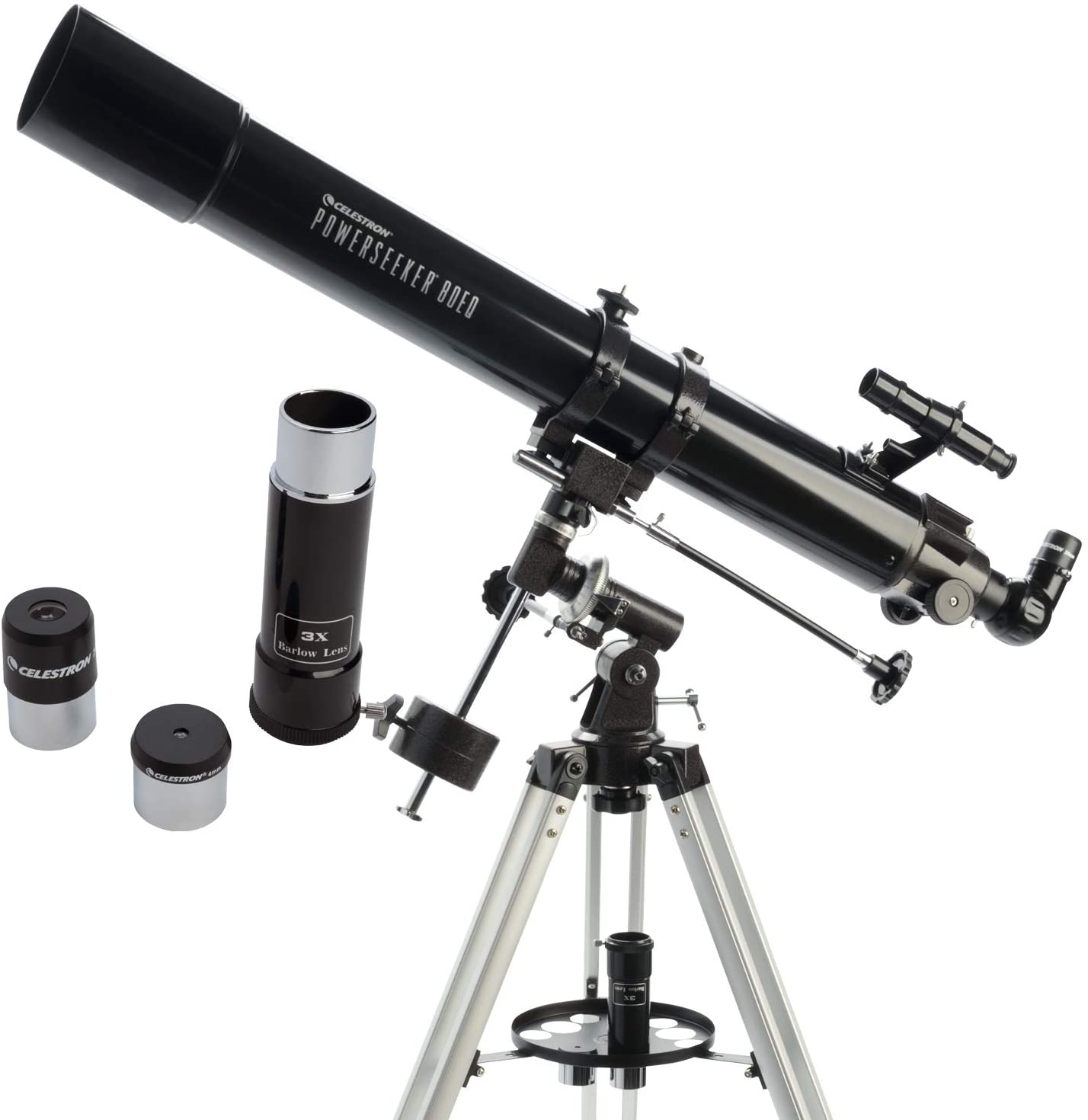 Celestron 21048 PowerSeeker 80EQ Refractor Telescope, includes Two Eyepieces, Erect Image Diagonal, 3x Barlow Lens