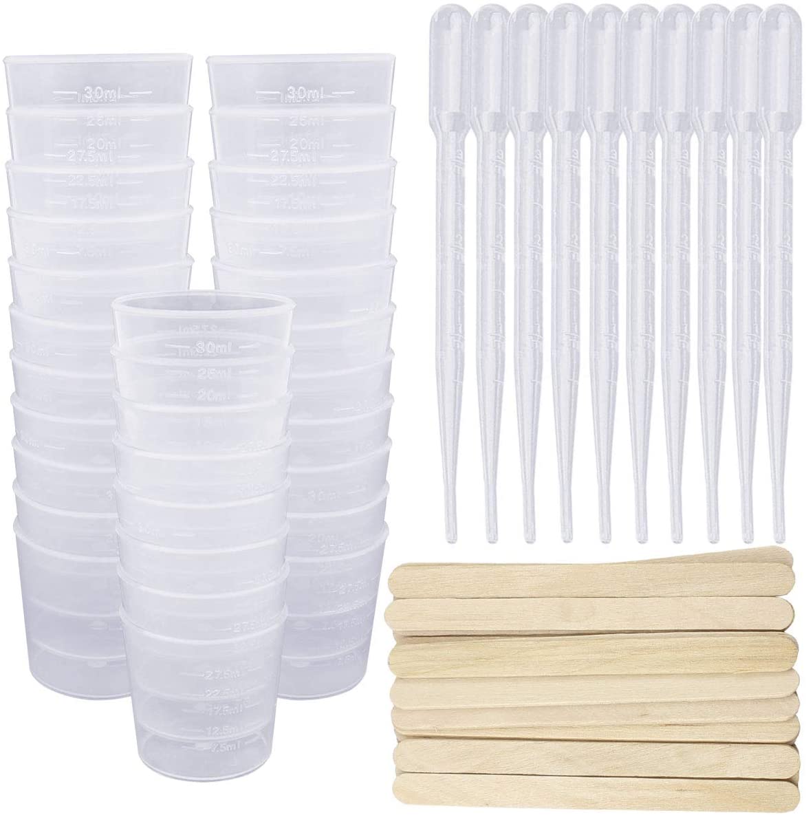 SelfTek 150 Pcs Plastic Graduated Cups with Tools, 30ml Measuring Cups, Mixing Sticks, 3ml Dropping Pipette for Resin Stain