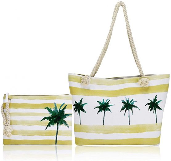 FARI Large Beach Bag, Travel Twine Beach Tote Bags, Canvas Shoulder Tote Handbag-Top Zipper Closure