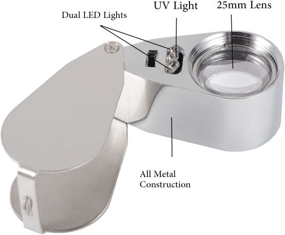 40X Full Metal Illuminated Jewellery Magnifier,XYK Folding Scientific Document Magnifying Glass Jewellers Lens Eye Loupe with LED and UV Light(LED Currency Detecting/Jewelry Identifying Type) - Image 2