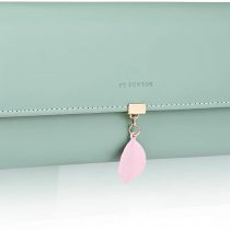 FT FUNTOR PU Leather Wallet for Women RFID Blocking Ladies Leaf Pendant Coin Zipper Long Purse with Multiple Card Slots and Card Holders Phone Pocket (Green)