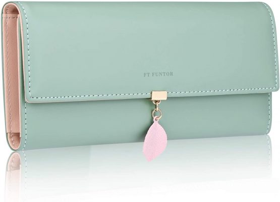 FT FUNTOR PU Leather Wallet for Women RFID Blocking Ladies Leaf Pendant Coin Zipper Long Purse with Multiple Card Slots and Card Holders Phone Pocket (Green)