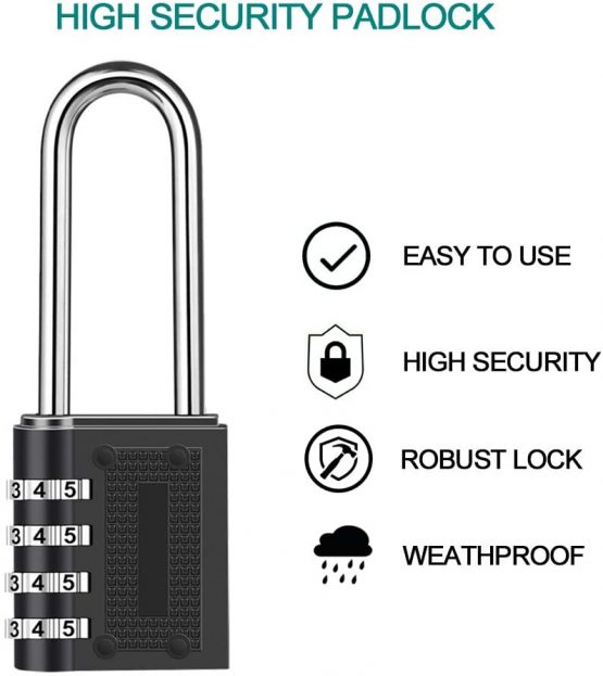 Combination Padlock Long Shackle Lock -BeskooHome 6.5cm Shackle Waterproof 4 Digit Resettable Combination Lock for School, Gym, Outdoor Shed Locker, Hasp Cabinet, Gate - 2 Pack - Image 2