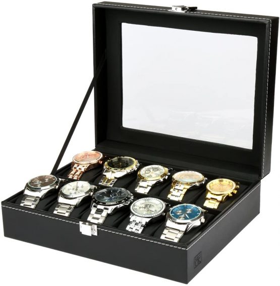 H&S Glass Lid 10 Watch Jewellery Display Storage Box Case Bracelet Tray Faux Leather Black for Men Women