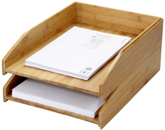 Bamboo Set of 2 Stackable Letter Racks A4 Paper Letter Tray Magazines Holder Sorter
