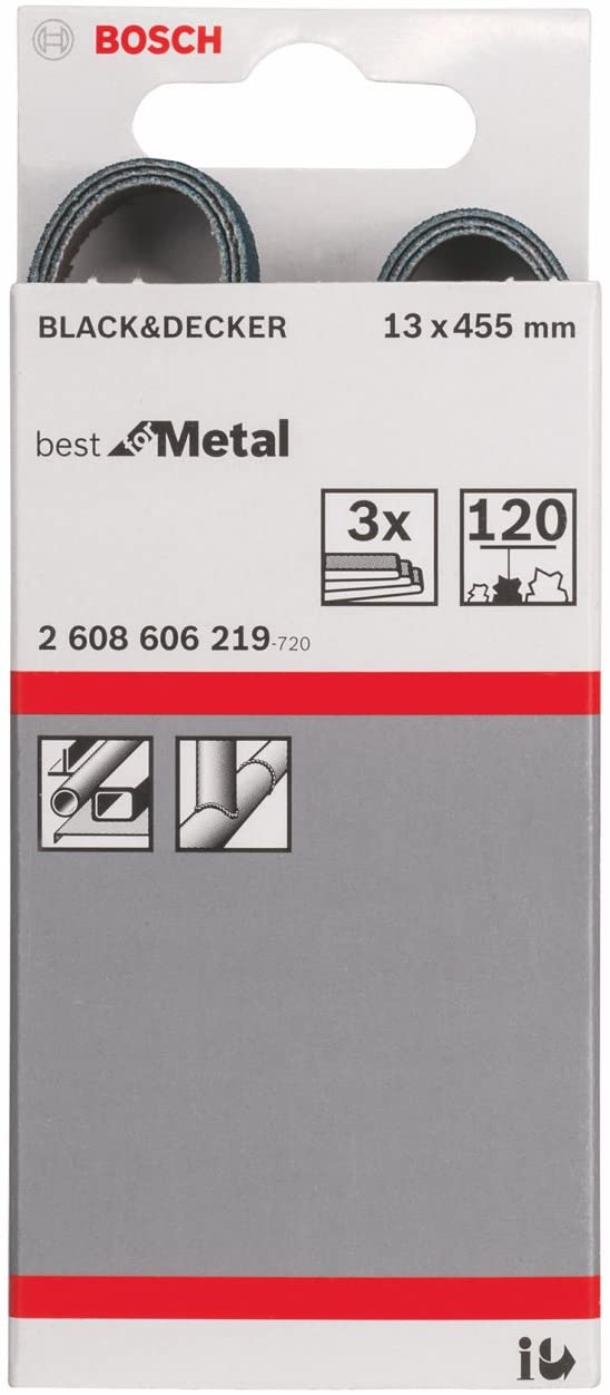 Bosch 2608606219 Sanding Belt for Metal 13mm x 455mm, 120 Grit, Blue, Pack of 3