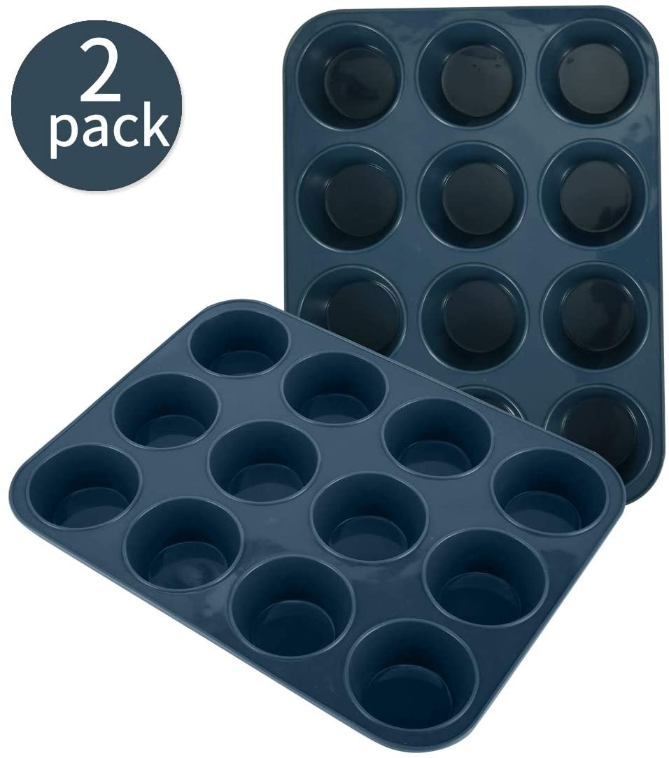 SUPER KITCHEN Set of 2 Large Muffin Tray 12 Cup Silicone Muffin Pan, Non-Stick Muffin Cupcake Tin