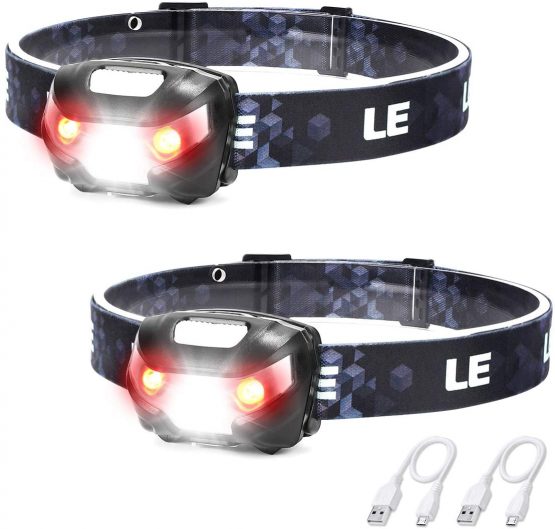 LE Head Torch Rechargeable, [2 Pack] 1000L Super Bright LED Headlamp Waterproof with Red Warning Lights 5 Lighting Modes 30 Hours Runtime Lightweight Headlight Flashlight for Cycling Running Camping