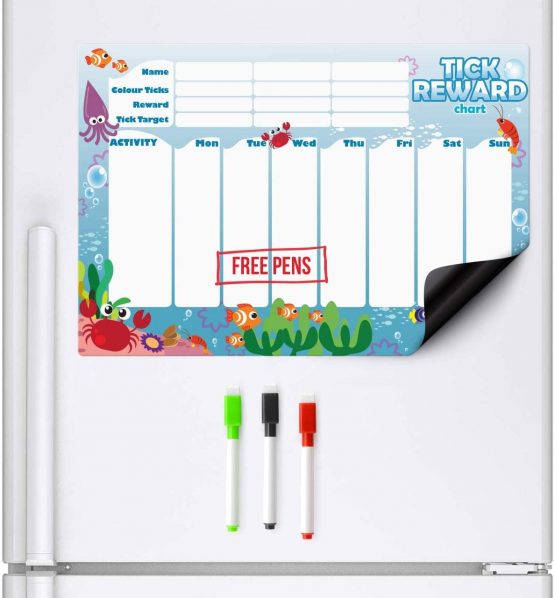 CKB LTD® Magnetic REWARD CHART Ocean Creatures FRIDGE BOARD 7 Day Colourful Tick List For Refrigerators With 3 Markers Pens Activity Chore A3 Behaviour Charts Teaching Children Good Practices