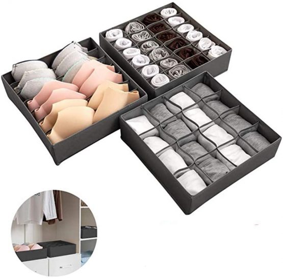 JHSH Bra Underwear Drawer Organiser, Collapsible Houseware Closet Underwear Organizer Drawer Divider, Foldable Storage Box for Bras, Underwear, Socks, Neck Ties, Scarves 3 Set (Grey) - Image 2