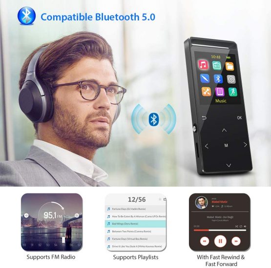 MUSRUN MP3 Player 32GB compatible Bluetooth 5.0, Line-in record, Wired earphones Control, FM, Armband, HIFI, Shuffle play, Time-sleeper, Metal shell, Matt, Xmas Packing - Image 3