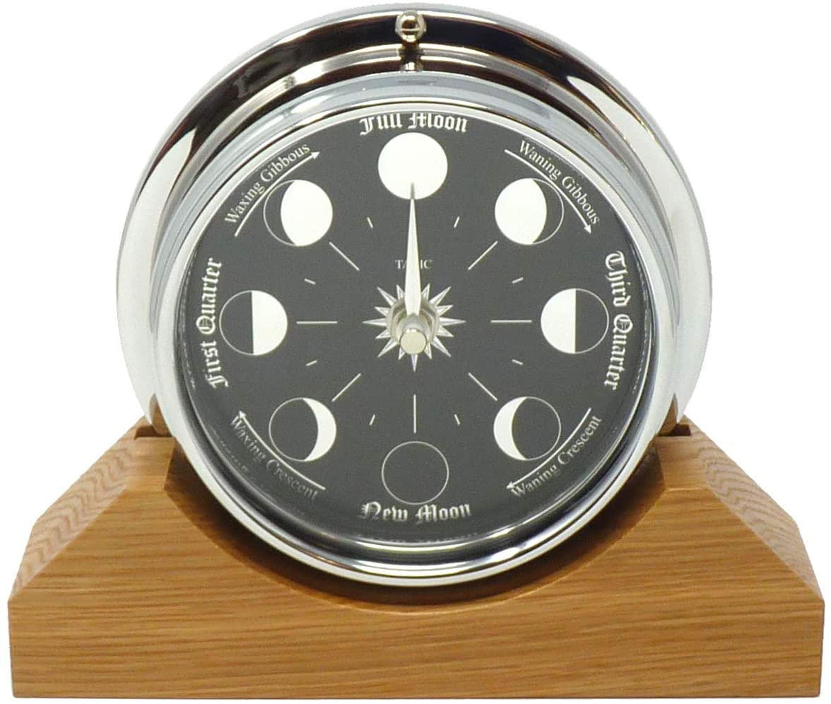 Tabic Prestige Chrome Moon Phase Clock on a Solid English Oak Mantel/Display Mount