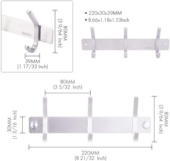 KES Rustproof Coat Rack Wall Mounted Stainless Steel 3-Hook Towel Hook Hook Rack Hook Rail Rust Resistant Brushed Finish AH203H3-2 - Image 2