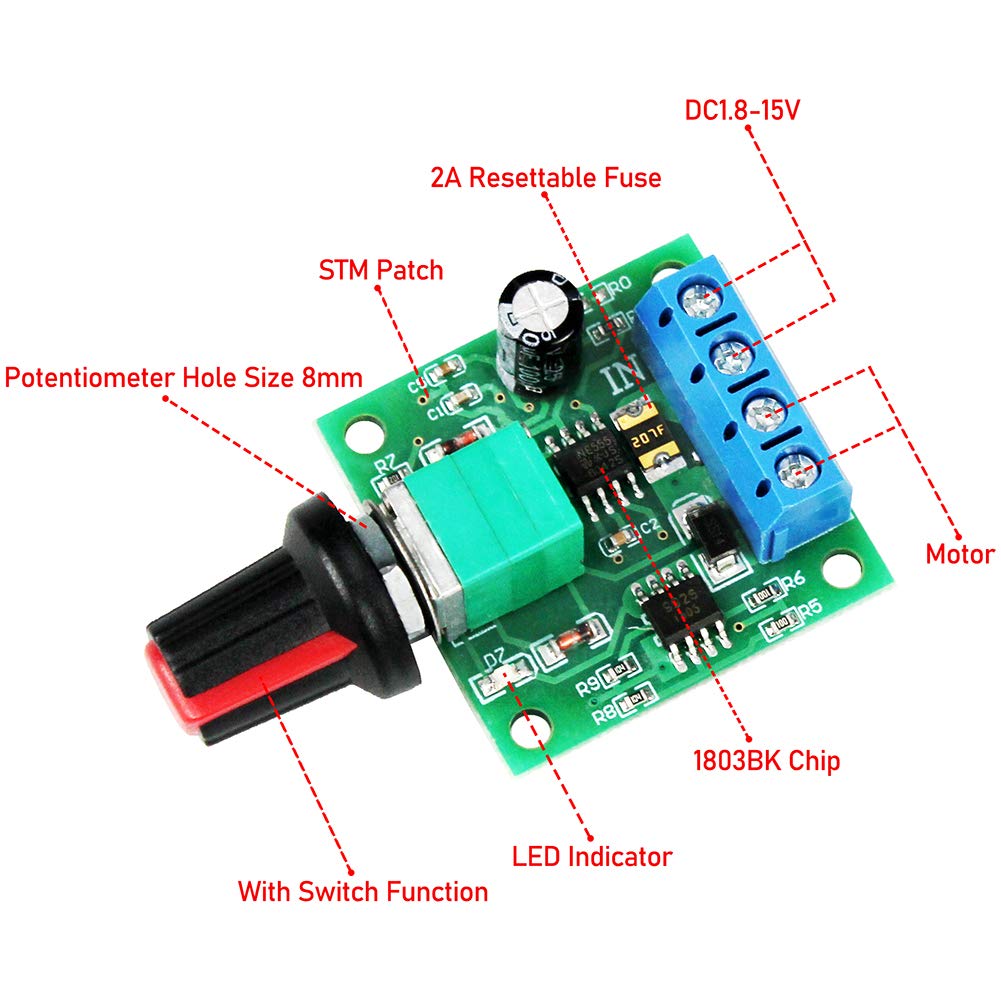 WayinTop 2pcs PWM Low Voltage DC 1.8V 3V 5V 6V 12V 2A Motor Speed Controller 1803BK Adjustable Driver Switch with Speed Control Knob - Image 2