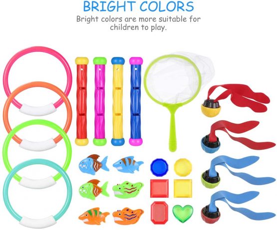 Toyvian 26PCS Underwater Swimming/Diving Pool Toys Rings, Diving Sticks ,Water Grass Fishing Kit with Under Water Treasures Gift Set Bundle - Image 3