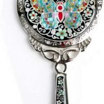 Mother of Pearl Princess Black Cosmetic Makeup Hand Held Mirror with Butterfly Design