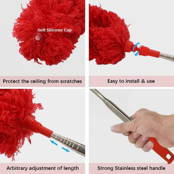 Feather Duster, Extendable Duster Microfiber Long Extension Pole Scratch Resistant Cover, Washable, Cleaning High Ceiling Fans, Blinds, Cobweb (Red) - Image 2