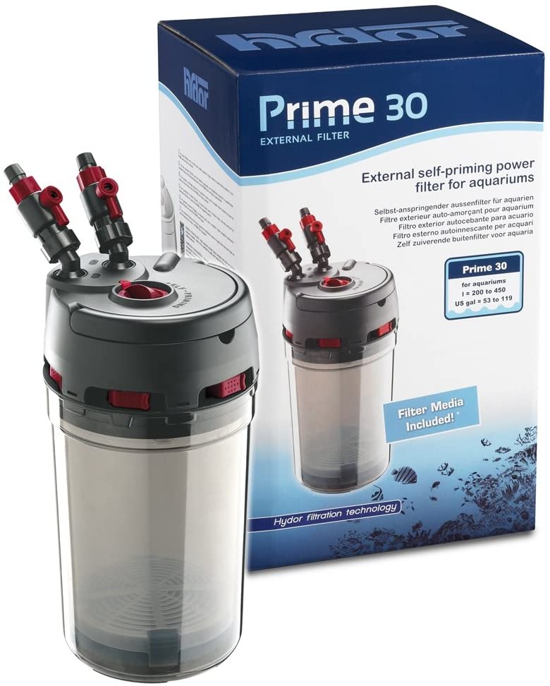 Hydor Self-priming External Filter PRIME 30, Aquariums 200-450 Litres, Sponges Rings Filtering Wool, Black