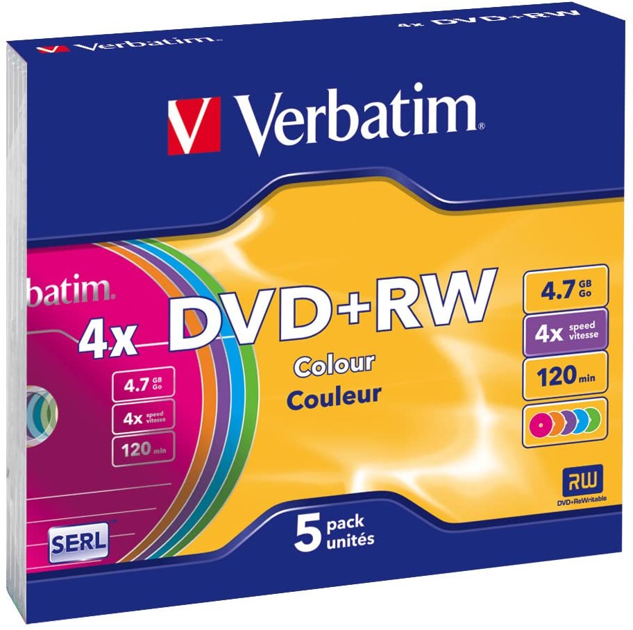 Verbatim DVD+RW 4.7 GB - 4x Burning Speed, Long Service Life, Scratch Protection, Slim Case, 5-Pack, Colour, 1