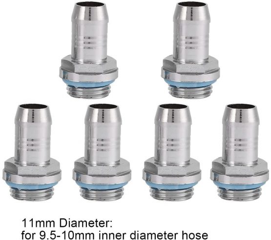 Bewinner 6 PCS Barb Fittings,Stainless Steel PC Water Cooling Two-Touch Fitting,G1/4 Thread Barb Connector for Tube (11mm)