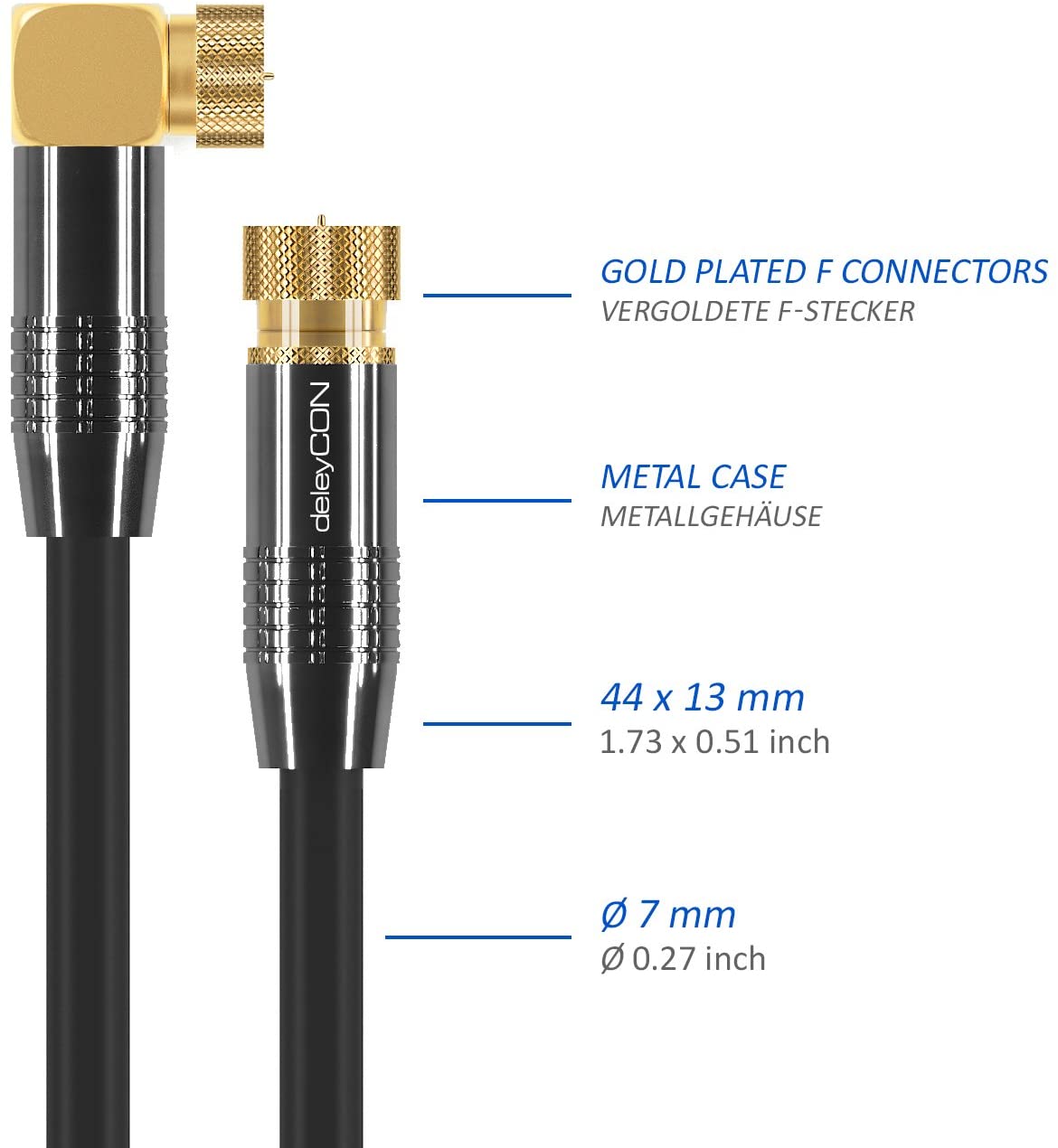 deleyCON SAT Cable - 90°/Straight - Gold Plated, Black, 15m - Image 4