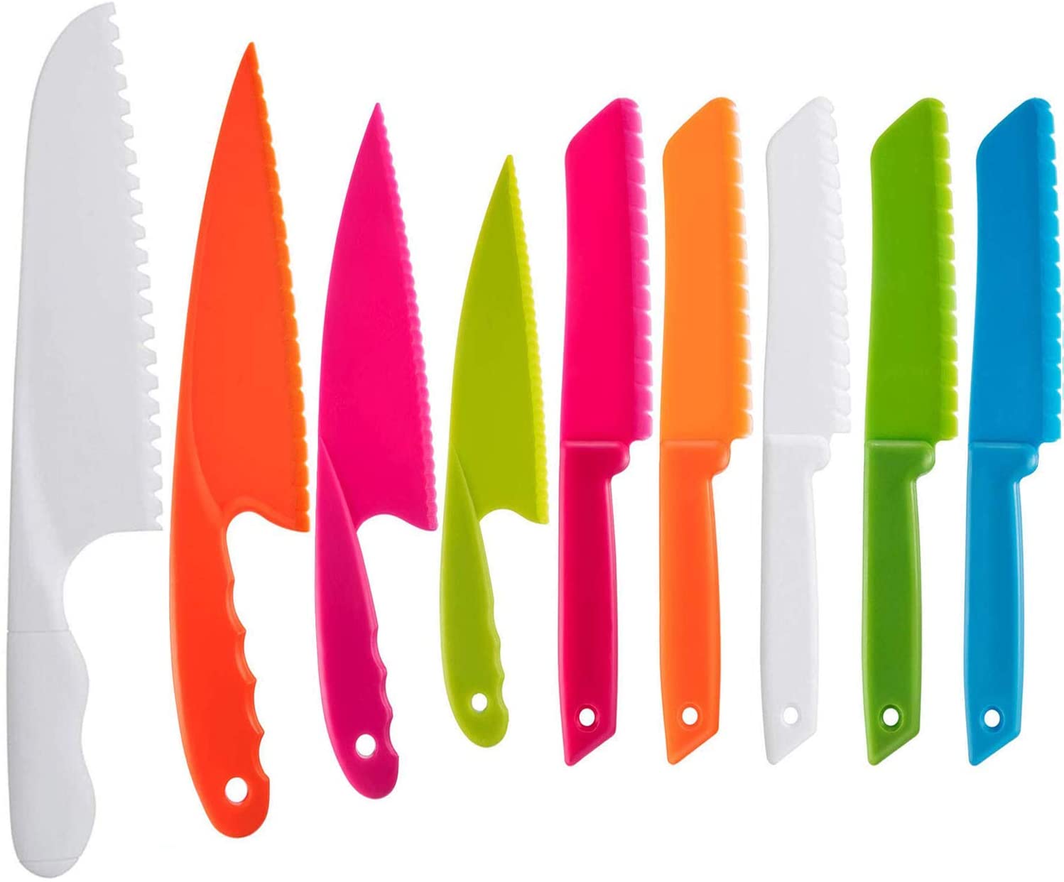 QincLing 9 Pieces Plastic Kid Kitchen Knife Set, Nylon Chef Knife Child-Safe Cooking Knives for Baking Fruit, Bread, Cake, Salad Knife