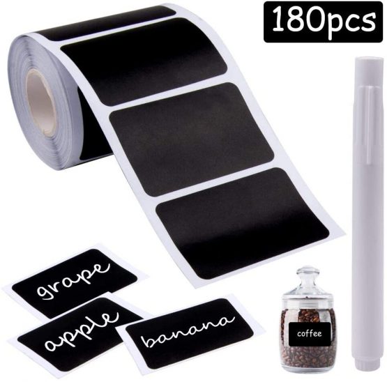 Chalkboard Labels, Sunallwell 180 PCS Waterproof Reusable Blackboard Stickers Kit with 1 White Chalk Pen for Kitchen Organize, Jars, Pantry Storage, Parties, Weddings(60 * 40 mm)