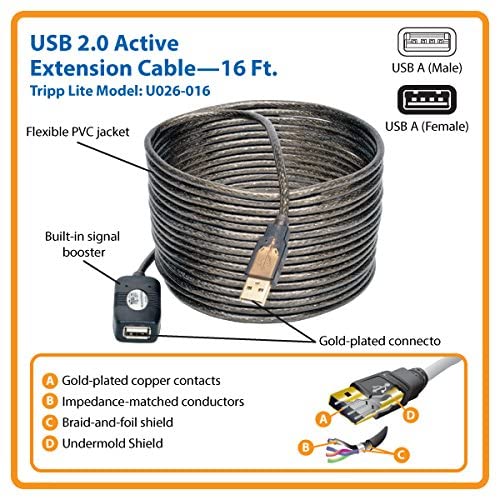 Tripp Lite USB 2.0 A/A Active Extension Cable USB-A (M/F), 4.88 m (U026-016) 4.88 m (16-ft.), Grey - Image 4