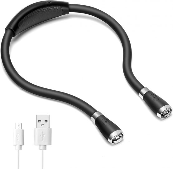 SingHong Neck Book Light LED Reading Lamp USB Rechargeable, Hands Free, 4 LED Bulbs, 4 Adjustable Brightness, for Reading in Bed or Reading in Car Lamp (Black)