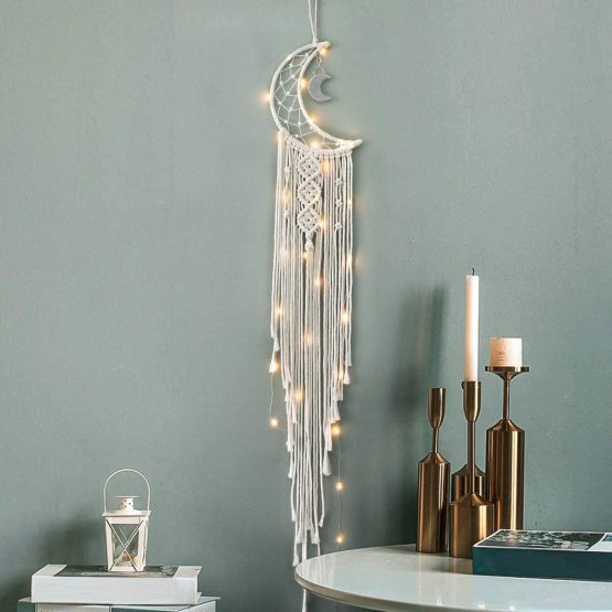 Dremisland Macrame Wall Hanging with LED Light,Moon Dream Catcher Woven Wall Tapestry Bohemian Home Decor for Kids Room Wedding Party Ornaments Craft Gifts