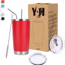 Y·J&H 20oz (550ml) Travel Tumbler Double Wall Vacuum Insulated Coffee Mug Stainless Steel Coffee Cup with 2 Splash Proof Lid, 2 Straws & Free Cleaning Brush, BPA Free - Red