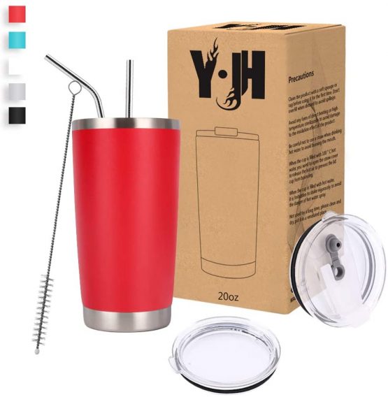 Y·J&H 20oz (550ml) Travel Tumbler Double Wall Vacuum Insulated Coffee Mug Stainless Steel Coffee Cup with 2 Splash Proof Lid, 2 Straws & Free Cleaning Brush, BPA Free - Red