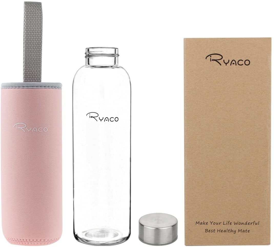 RYACO Glass Water Bottle 550ml/18oz,Borosilicate Glass Bottle with Neoprene Protective Case for Hot Cold Drinks,BPA-Free Leak Proof,Sport Water Bottles with Sponge Brush,Dishwasher Safe - Image 2