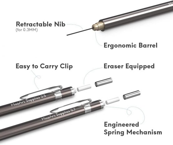 MozArt Mechanical Pencil Set with Case - 4 Sizes: 0.3, 0.5, 0.7 & 0.9 mm, 30 HB Lead refills each & 4 Eraser Refills - Drafting, Sketching, Illustrations, Architecture, Writing - Image 2