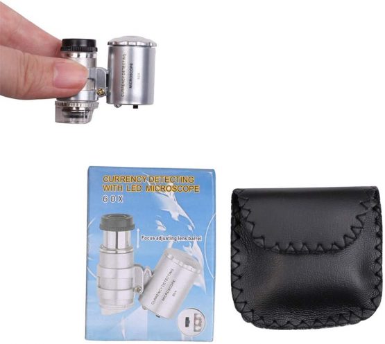 60X Mini Metal Microscope Pocket Magnifier with LED Light Small Portable Loupe Magnifying Glass with UV Light Best for Jewellery Diamond Collectibles Art Crafts Stamp Adjustable Lamp