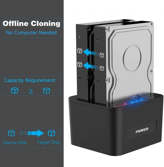 FIDECO Hard Drive Docking Station, USB 3.0 SATA HDD Docking Station for 2.5 & 3.5 inch SATA HDD/SSD, Dual Bay, Support Offline Clone and 2x 16TB Hard Drives - Image 3