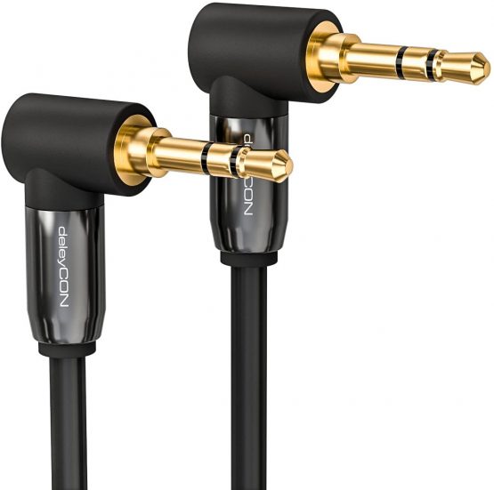 deleyCON 1.5m (4.92 ft.) Jack Cable 3.5mm Aux Cable Stereo Audio Cable Jack Plug 2x 90° Angled for Pc Laptop Mobile Smartphone Tablet Car Hi-Fi Receiver - Black - Image 2
