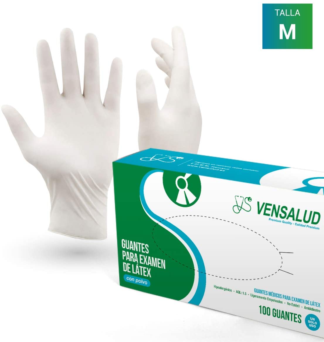 VENSALUD - Disposable Latex Gloves - Slightly Powdered - Box of 100 Gloves - Colour: White (Medium), M (Pack of 100)