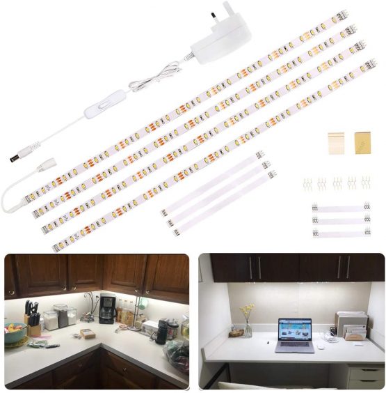 WOBANE LED Under Cabinet Lighting Kit,Flexible LED Ribbon Lights Bar,Under Counter Lights for Kitchen,Cupboard,Desk,Showcase,Shelf,6.6 Feet Rope Light Set,12v,120 LEDs,1100lm,6000K White,4 Panel