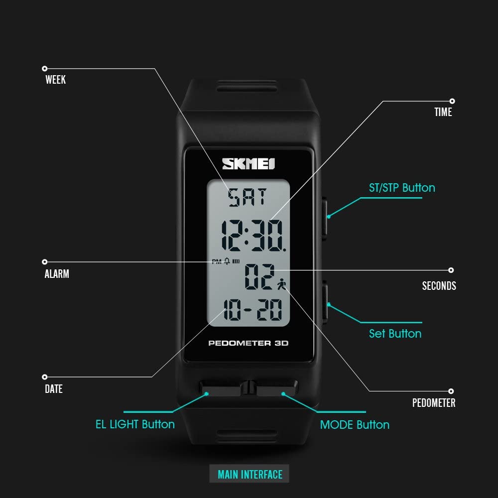 TONSHEN Unisex Outdoor Sport Digital Watch for Men and Women Multifunction Pedometer Calories LED Backlight Stopwatch Rectangular Plastic Case with Rubber Band Wrist Watches for Fitness (Black) - Image 4