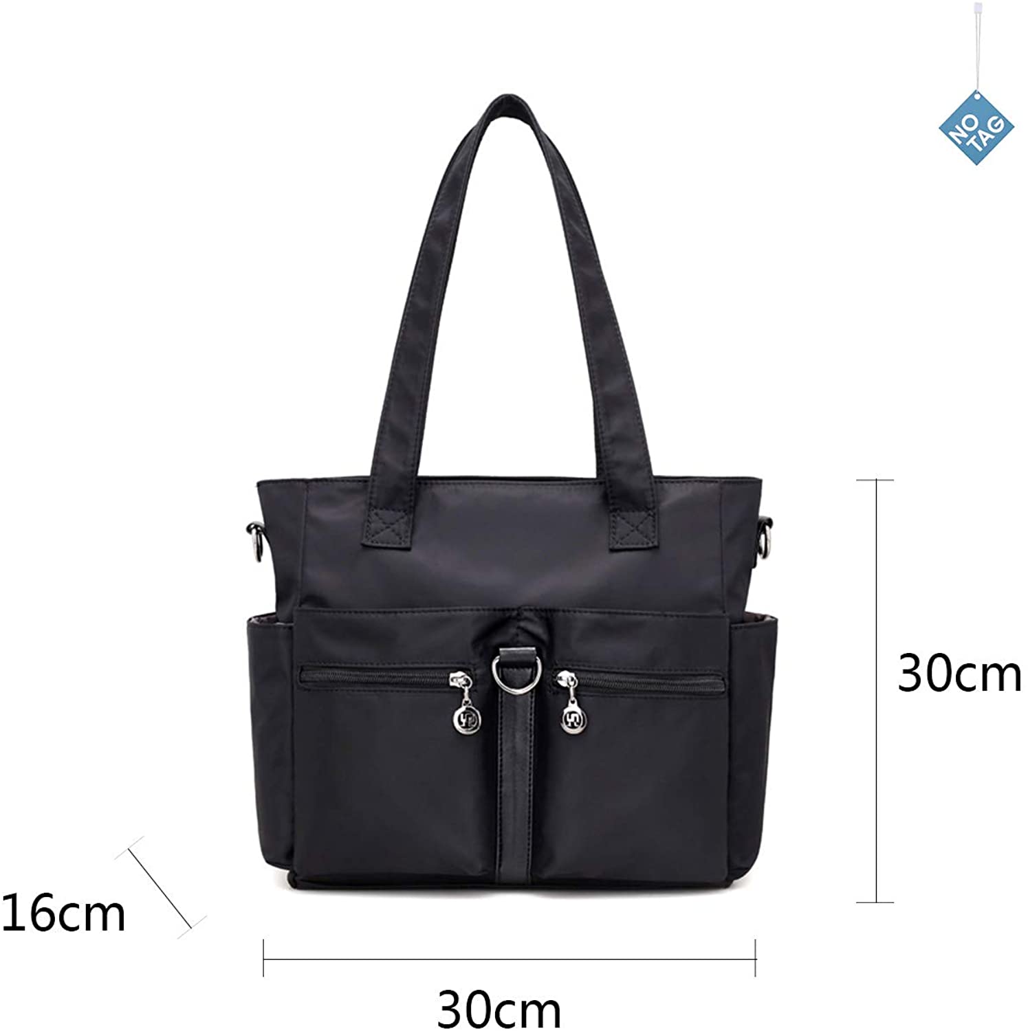 NOTAG Women Tote Handbag, Multi-Pocket Travel Shoulder Bag Waterproof Nylon Mommy Bag for Shopping (Black) - Image 2
